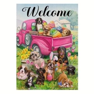 Pink Easter Truck Dog Garden Flag, Double Sided 12X18 Inch